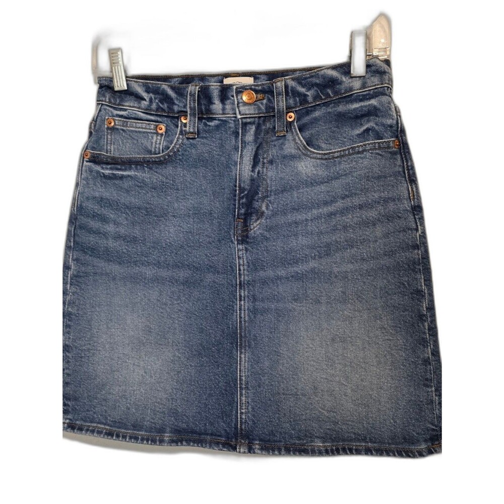 J Crew Denim Mini Skirt Distressed Blue Jean Re Imagined Stretch EUC Size 25